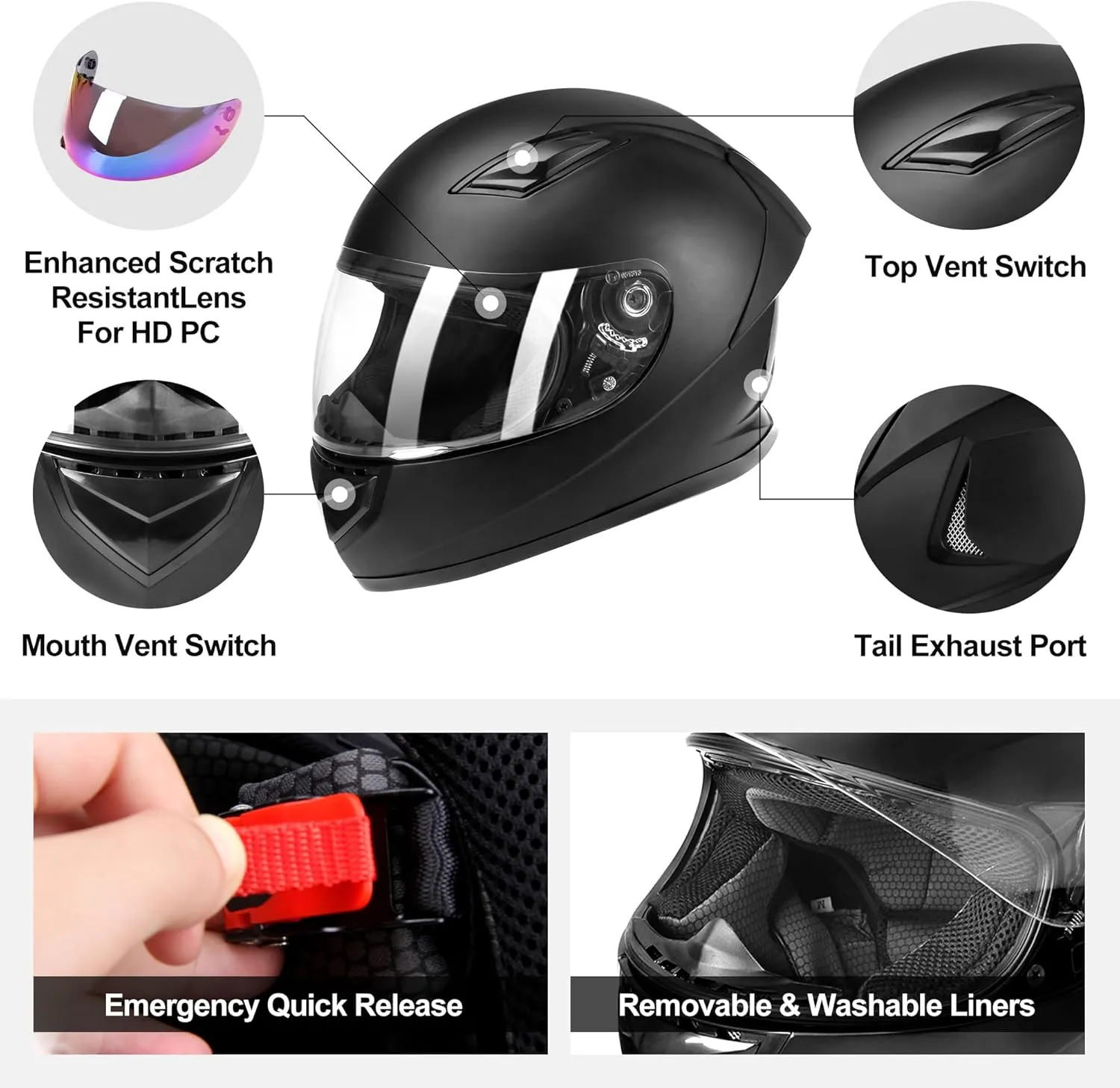 DOT Lightweight Full Face Motorcycle Street Bike Helmets with Extra Tinted Visor for Adults Men and Women, DOT Approved(Matte Black,L)