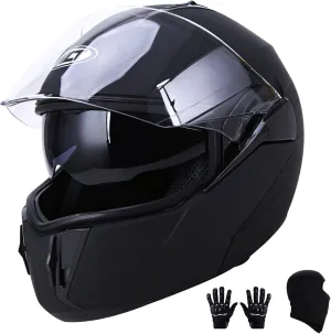 DOT Modular Motorcycle Full Face Helmet Flip-Up Dual Visor, Lightweight & DOT Approved, Matte Black