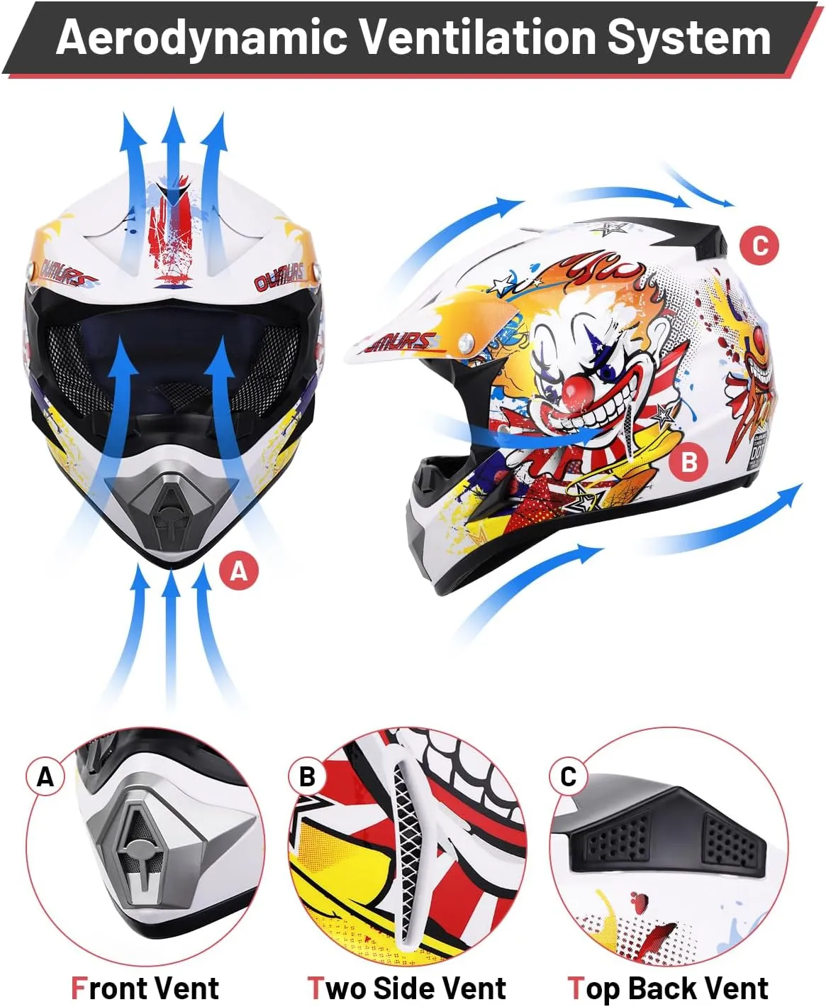 DOT Youth Dirt Bike Helmet with Goggles & Gloves for 5-14 Years Old, Kid ATV Helmets for Youth Boys Girls, Four Wheeler Helmet Kids, Motocross BMX MX UTV Offroad Street Go Kart Dirt Bike Joker