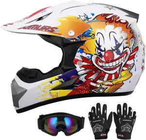DOT Youth Dirt Bike Helmet with Goggles & Gloves for 5-14 Years Old, Kid ATV Helmets for Youth Boys Girls, Four Wheeler Helmet Kids, Motocross BMX MX UTV Offroad Street Go Kart Dirt Bike Joker
