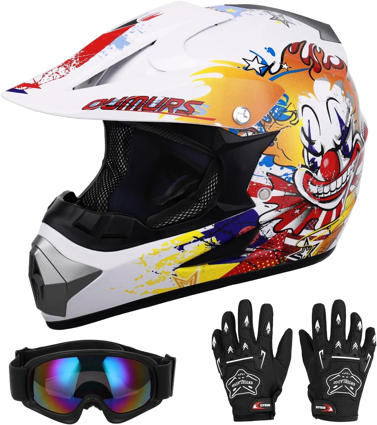DOT Youth Dirt Bike Helmet with Goggles & Gloves for 5-14 Years Old, Kid ATV Helmets for Youth Boys Girls, Four Wheeler Helmet Kids, Motocross BMX MX UTV Offroad Street Go Kart Dirt Bike Joker