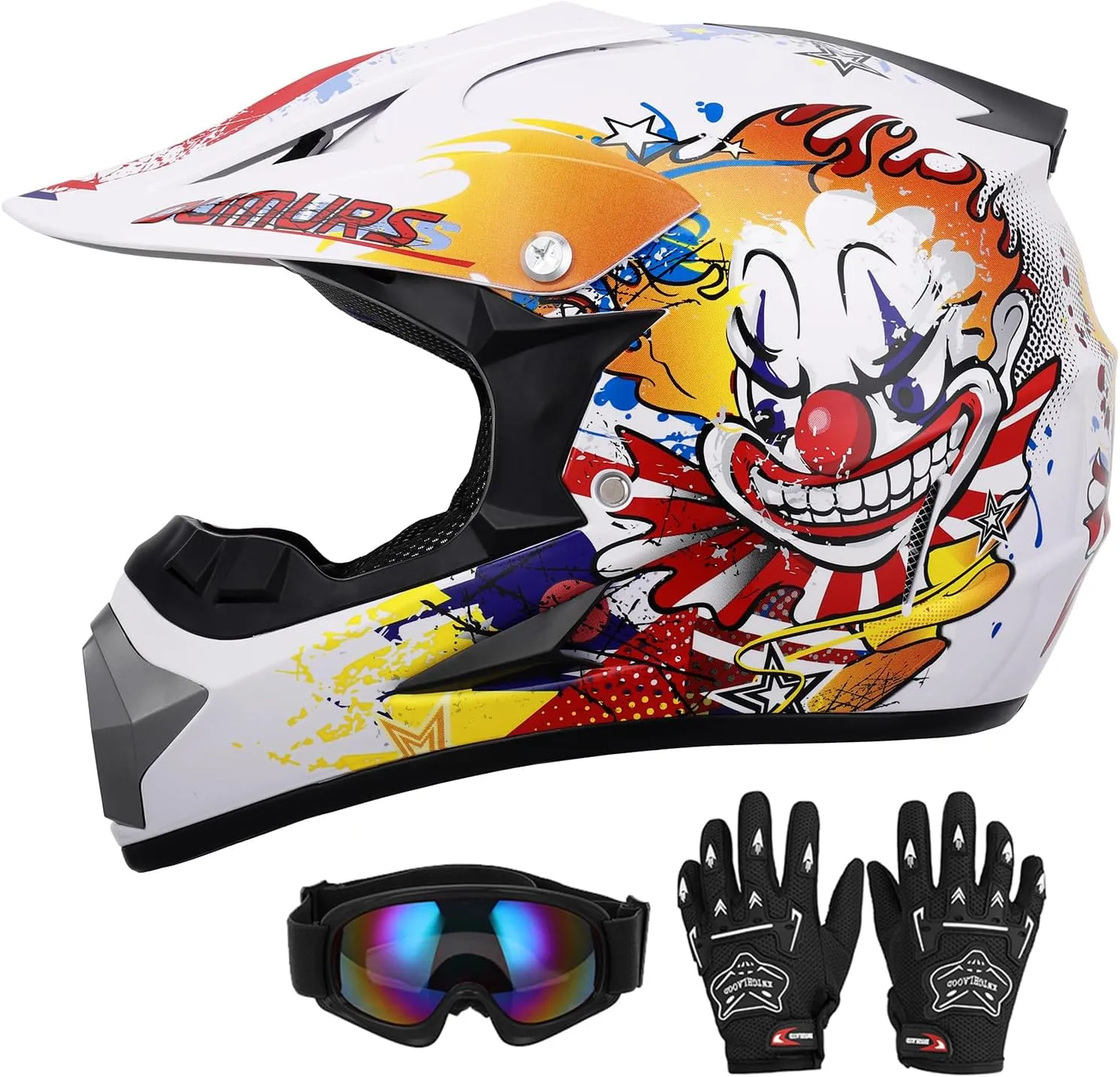 DOT Youth Dirt Bike Helmet with Goggles & Gloves for 5-14 Years Old, Kid ATV Helmets for Youth Boys Girls, Four Wheeler Helmet Kids, Motocross BMX MX UTV Offroad Street Go Kart Dirt Bike Joker