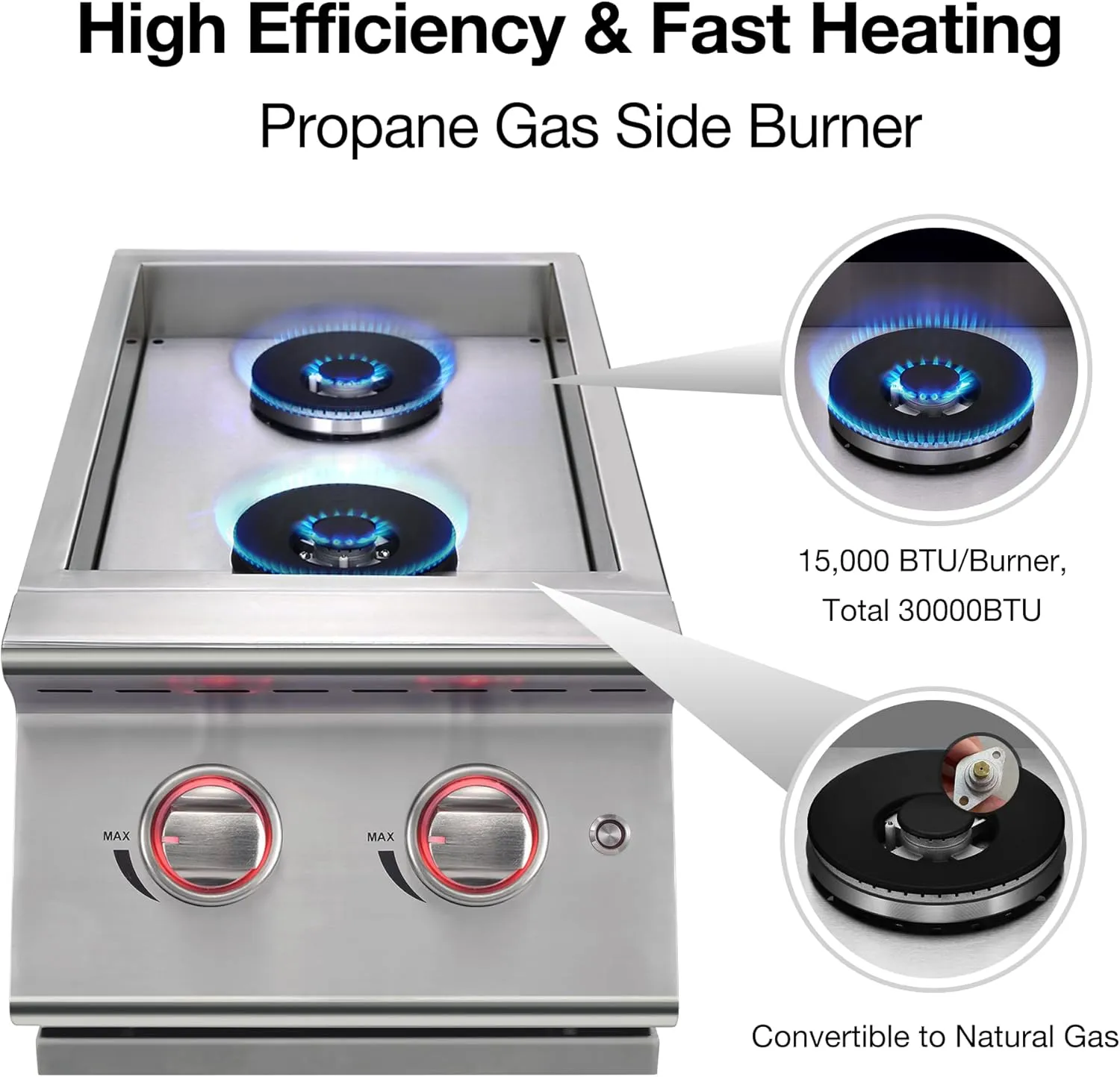 Double Grilling Side Burners for Outdoor Kitchen, 2 * 15,000BTU Liquid Propane Burners, Duty Heavy 304 Stainless Steel, Built-in Side Burner for BBQ Island Grill, with Natural Gas Kit