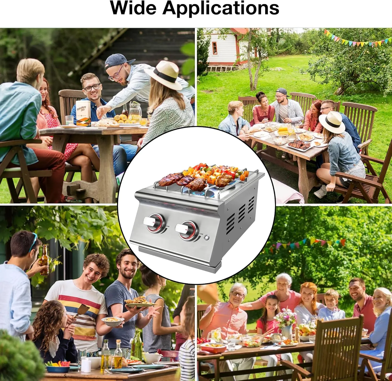 Double Grilling Side Burners for Outdoor Kitchen, 2 * 15,000BTU Liquid Propane Burners, Duty Heavy 304 Stainless Steel, Built-in Side Burner for BBQ Island Grill, with Natural Gas Kit
