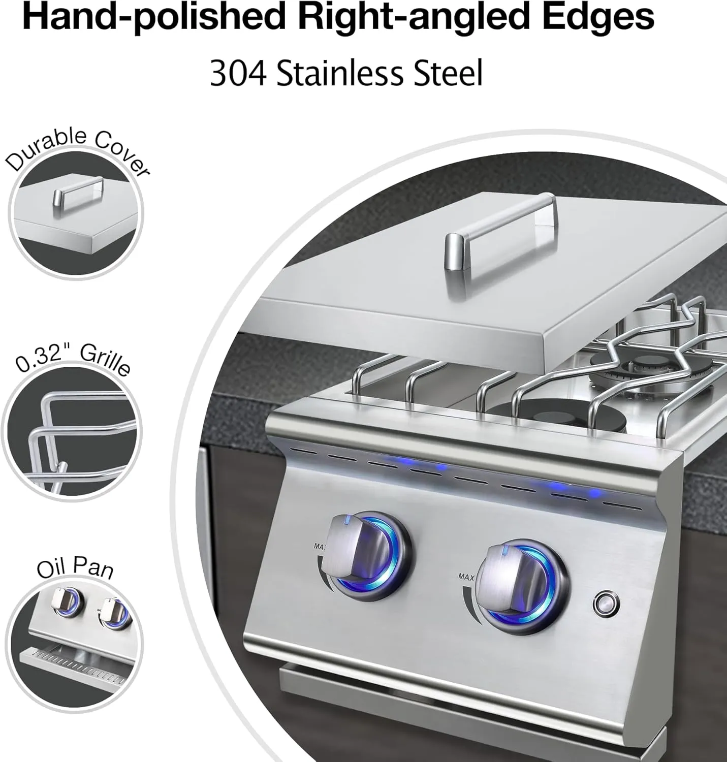 Double Grilling Side Burners for Outdoor Kitchen, 2 * 15,000BTU Liquid Propane Burners, Duty Heavy 304 Stainless Steel, Built-in Side Burner for BBQ Island Grill, with Natural Gas Kit