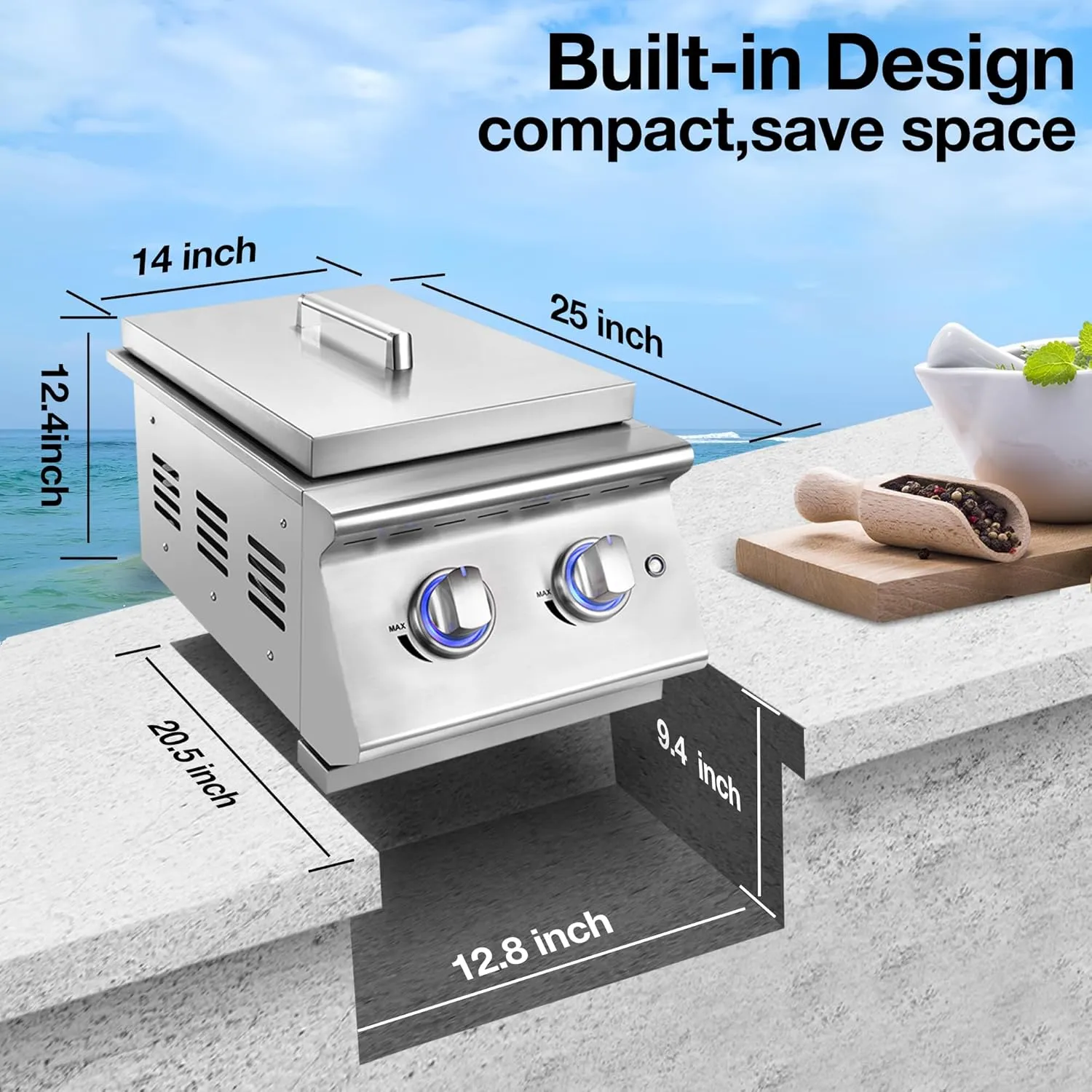 Double Grilling Side Burners for Outdoor Kitchen, 2 * 15,000BTU Liquid Propane Burners, Duty Heavy 304 Stainless Steel, Built-in Side Burner for BBQ Island Grill, with Natural Gas Kit