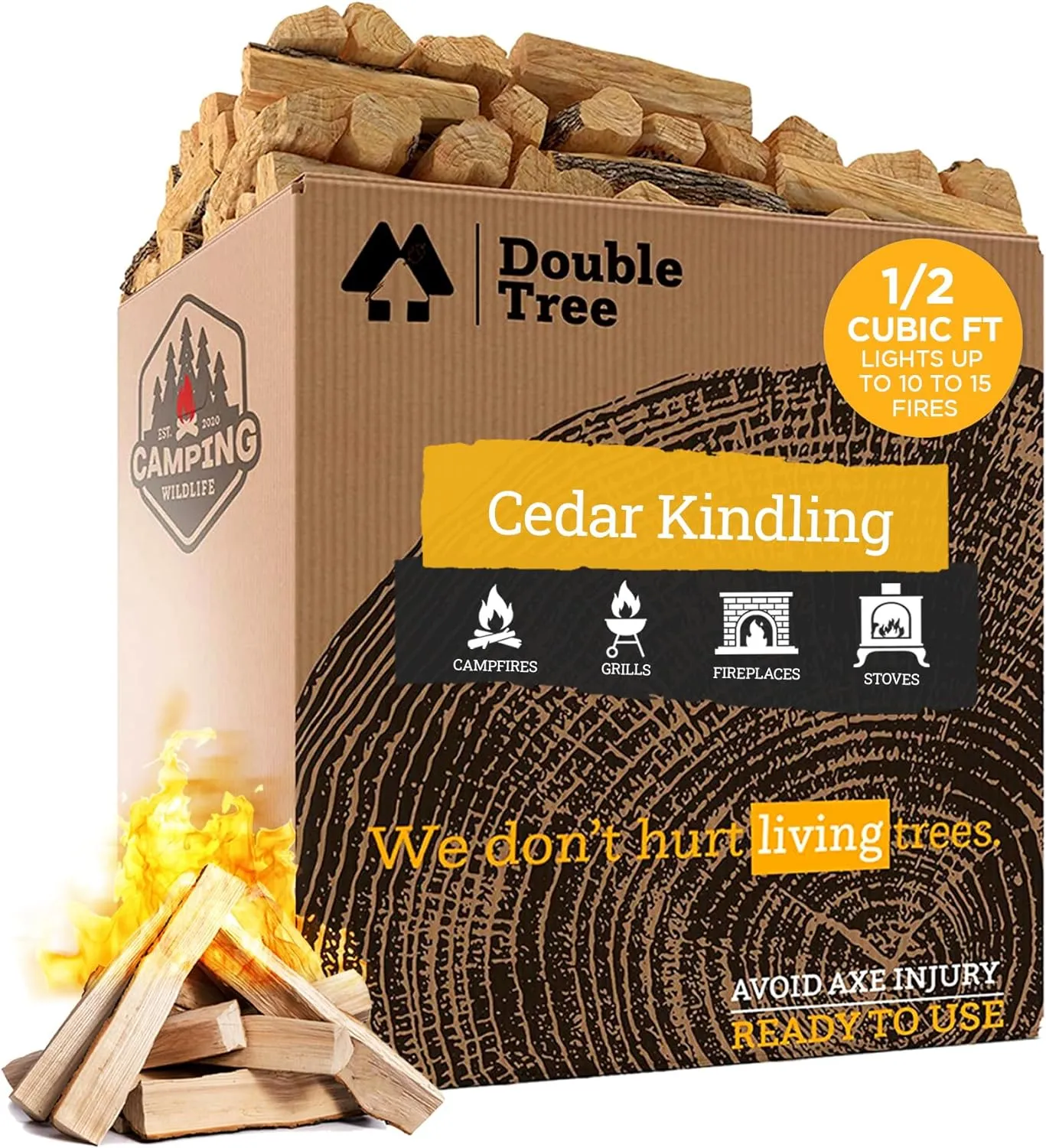 Double Tree Fire Starter Sticks - 100% Natural Cedar Wood Kindling, Quick & Easy Burning for Campfire, Camping Cooking Stove, Fire Pit, Fireplace & Grilling, lndoor & Outdoor - (Medium 1/2 Cubic ft)