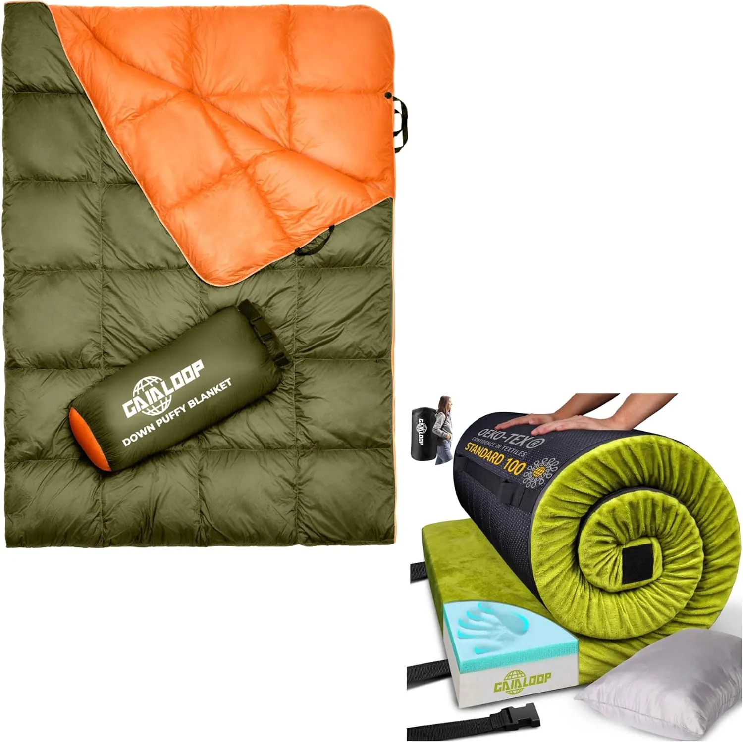 Down Puffy Camping Blanket & Memory Foam Camping Mattress Bundle