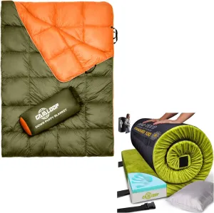 Down Puffy Camping Blanket & Memory Foam Camping Mattress Bundle