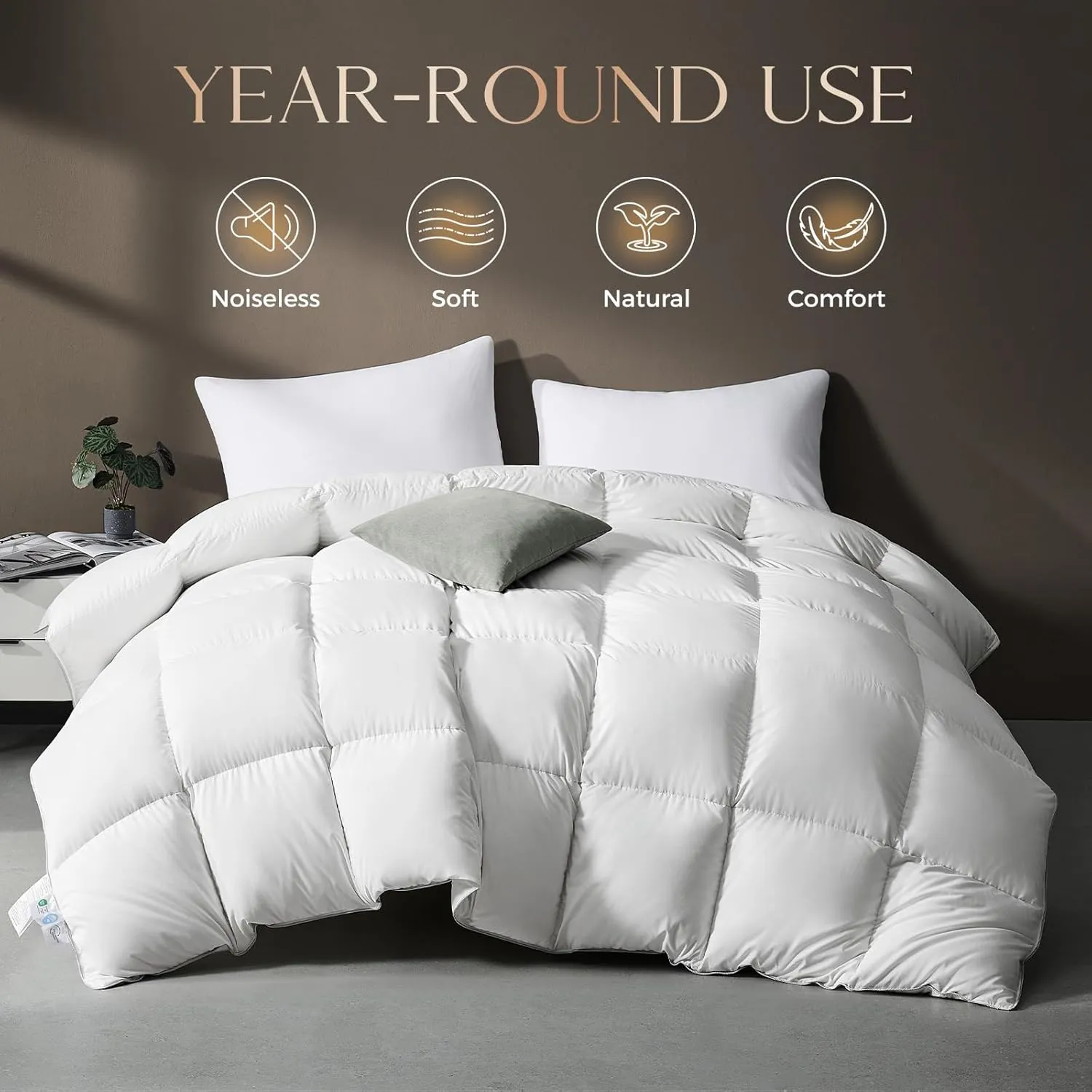 downluxe Luxurious Down Comforter Queen Size with Premium Fabric, All Seasons Medium Warmth Duvet Insert Queen, Hotel Collection Down Comforter Queen Size with Corner Tabs (90x90, Queen, White)
