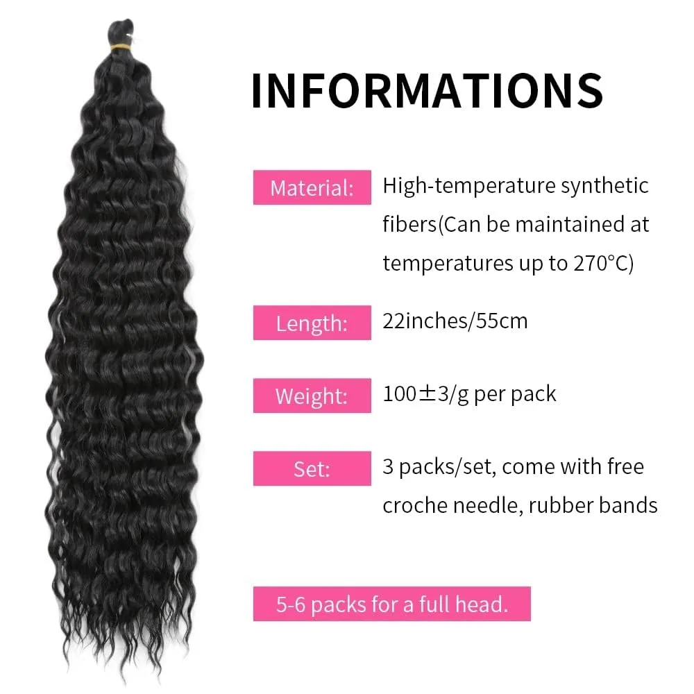 Dsoar Water Wave Twist Crochet Hair Deep Twist Hair Bundles Synthetic Curly Braiding Hair Extension Ombre Curl Braiding Hairpiece, 22Inch 3 Packs