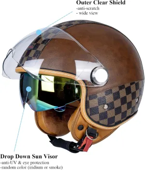 Dual Visor 3/4 Open Face Motorcycle Helmet for Men & Women, DOT Approved Unisex Retro Half Helmet，Motorbike Casco for Moped Cruiser Bobber and Chopper