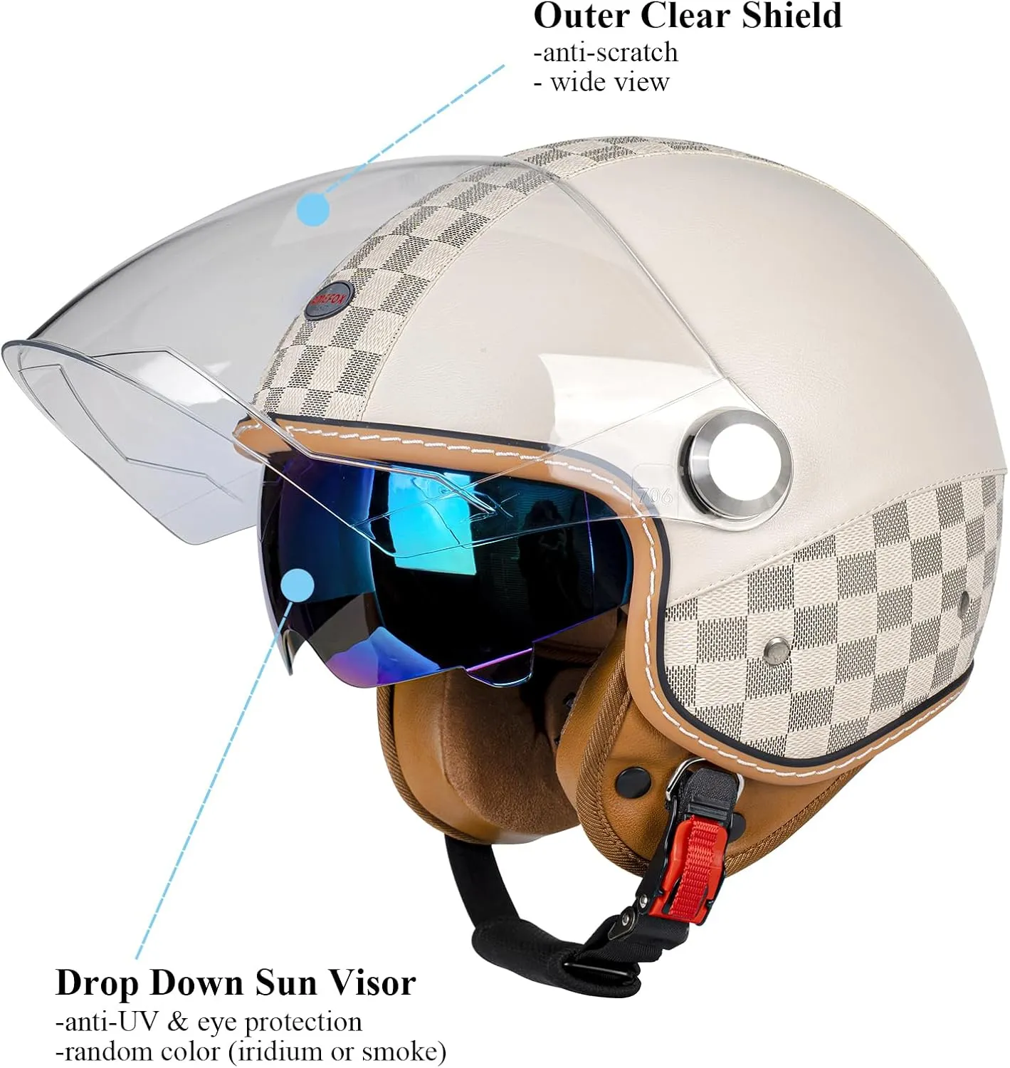 Dual Visor 3/4 Open Face Motorcycle Helmet for Men & Women, DOT Approved Unisex Retro Half Helmet，Motorbike Casco for Moped Cruiser Bobber and Chopper