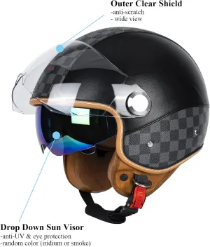 Dual Visor 3/4 Open Face Motorcycle Helmet for Men & Women, DOT Approved Unisex Retro Half Helmet，Motorbike Casco for Moped Cruiser Bobber and Chopper