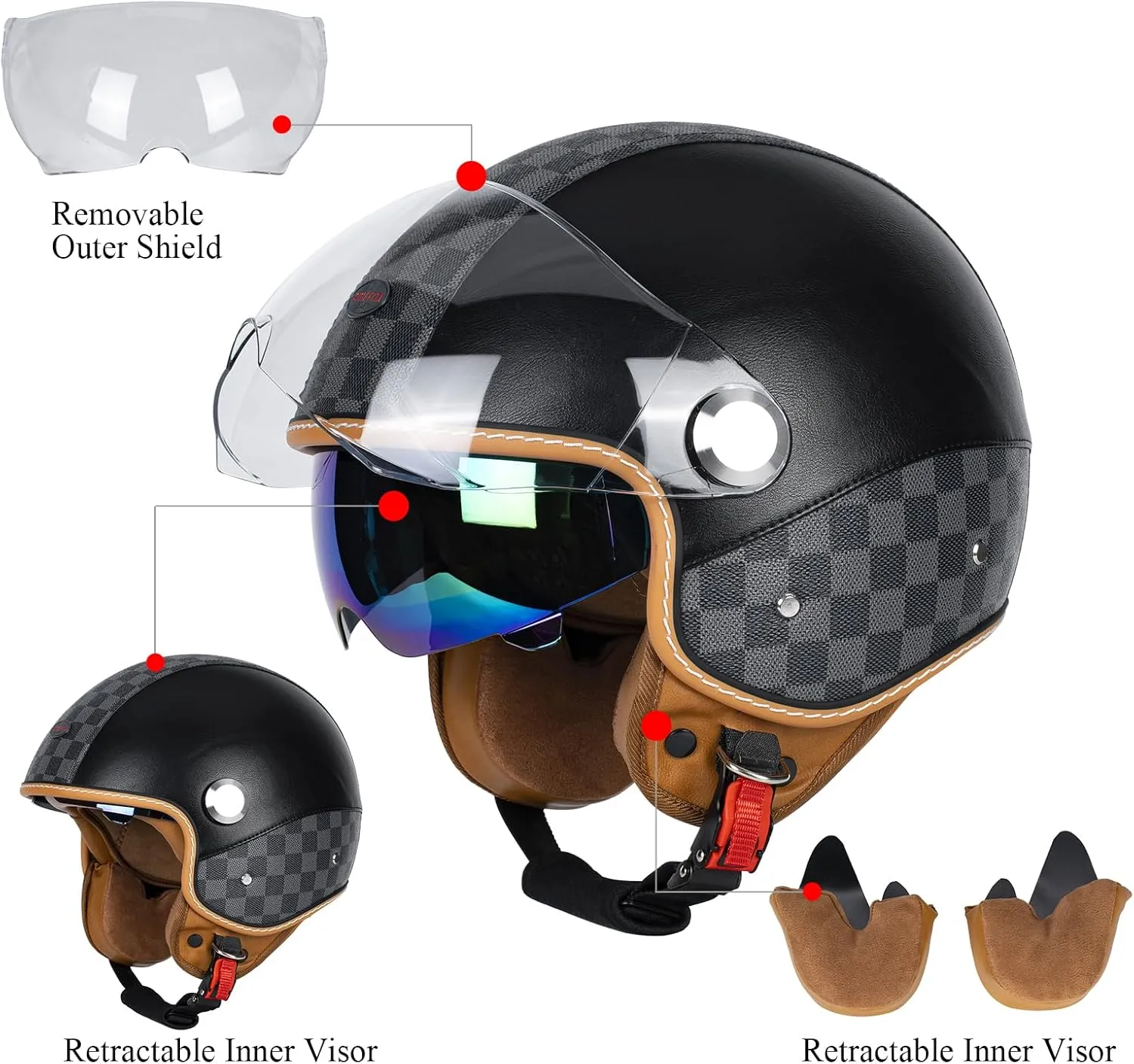 Dual Visor 3/4 Open Face Motorcycle Helmet for Men & Women, DOT Approved Unisex Retro Half Helmet，Motorbike Casco for Moped Cruiser Bobber and Chopper