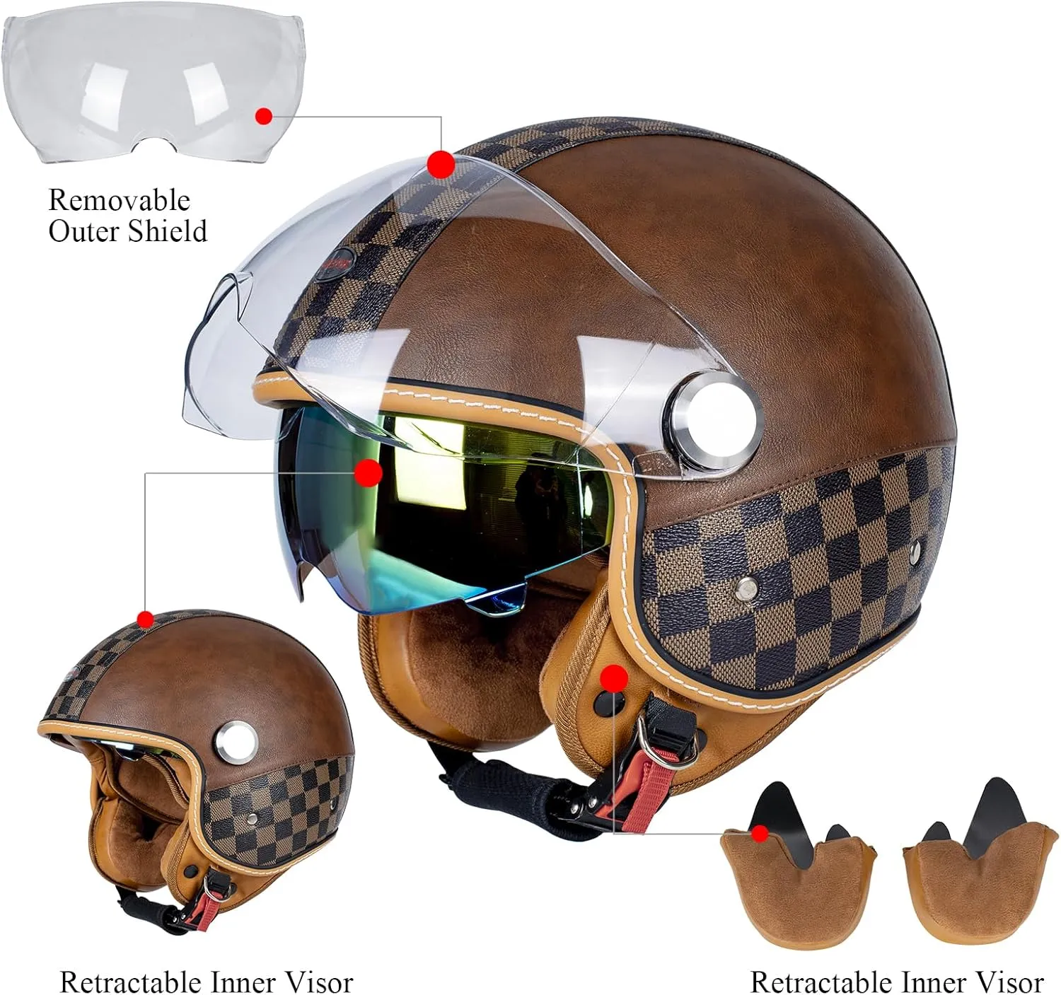 Dual Visor 3/4 Open Face Motorcycle Helmet for Men & Women, DOT Approved Unisex Retro Half Helmet，Motorbike Casco for Moped Cruiser Bobber and Chopper