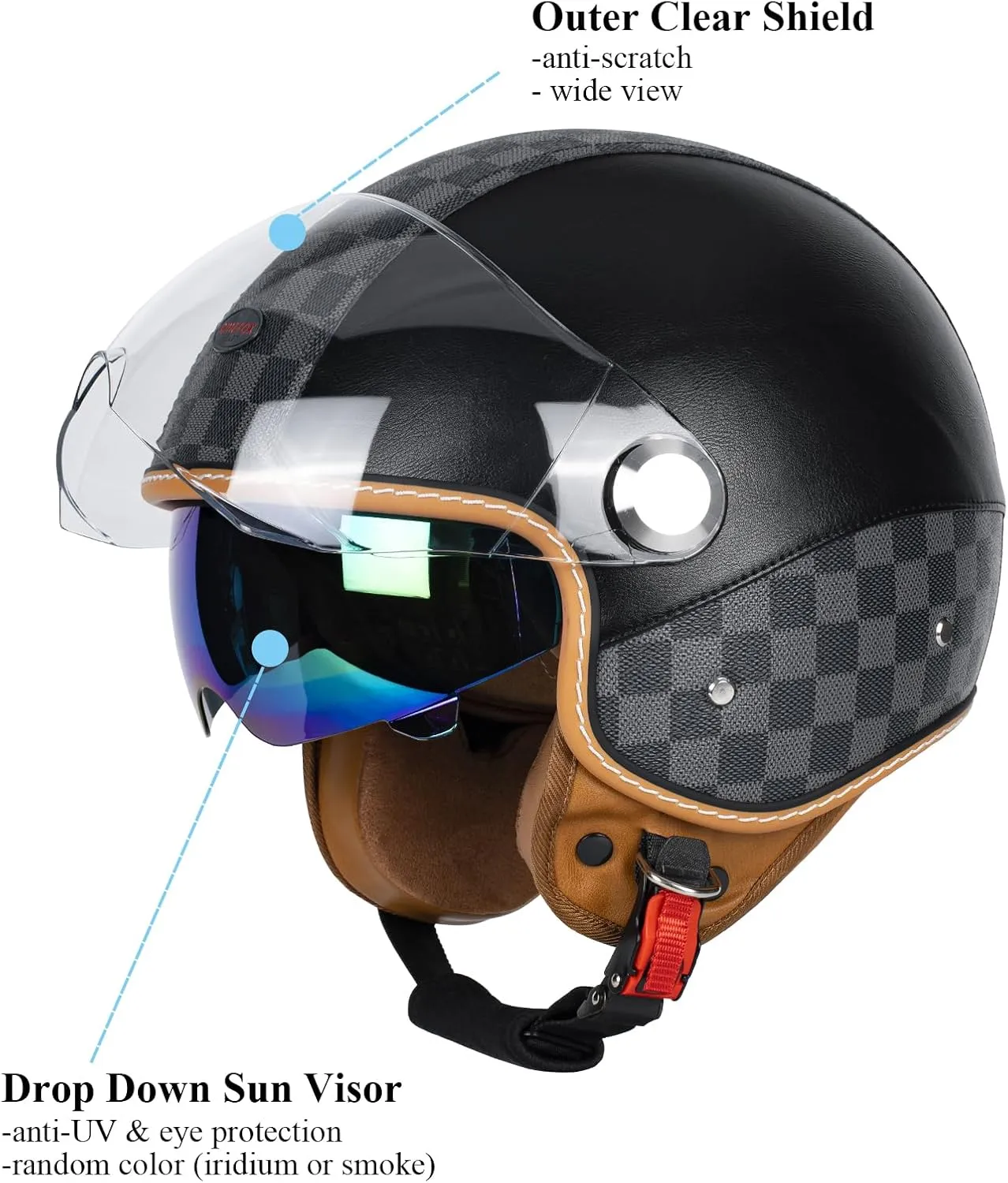Dual Visor 3/4 Open Face Motorcycle Helmet for Men & Women, DOT Approved Unisex Retro Half Helmet，Motorbike Casco for Moped Cruiser Bobber and Chopper