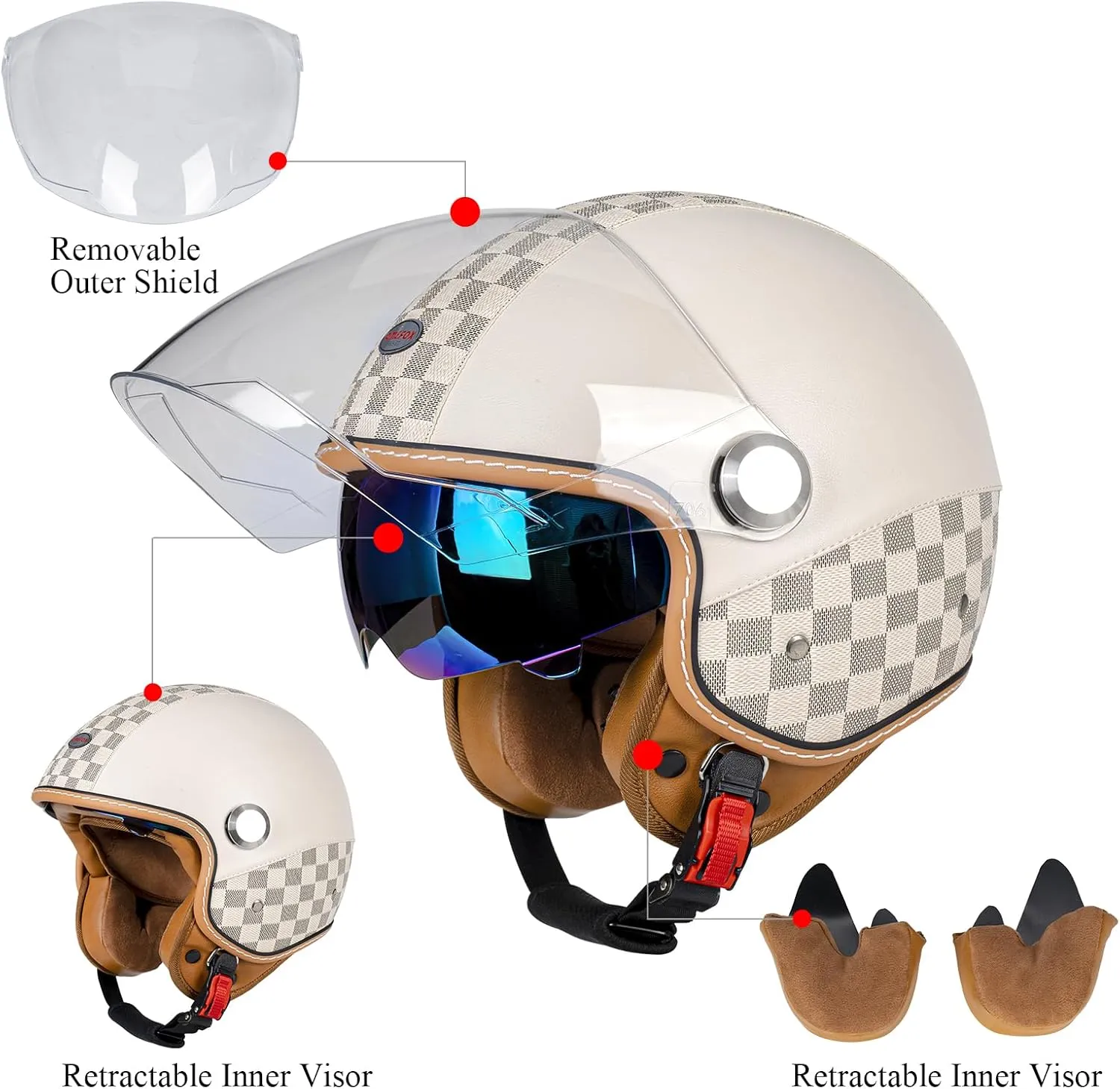 Dual Visor 3/4 Open Face Motorcycle Helmet for Men & Women, DOT Approved Unisex Retro Half Helmet，Motorbike Casco for Moped Cruiser Bobber and Chopper