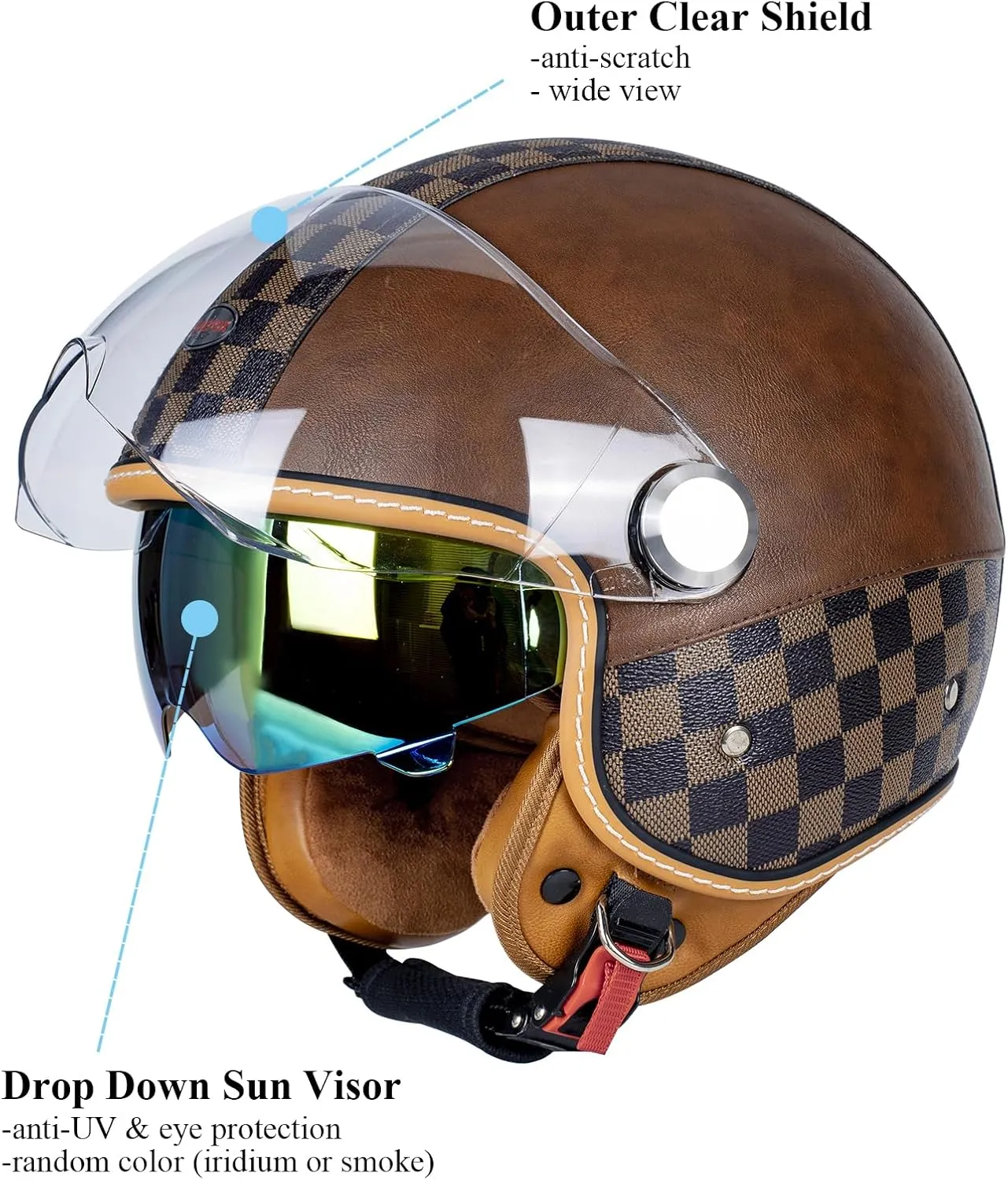 Dual Visor 3/4 Open Face Motorcycle Helmet for Men & Women, DOT Approved Unisex Retro Half Helmet，Motorbike Casco for Moped Cruiser Bobber and Chopper