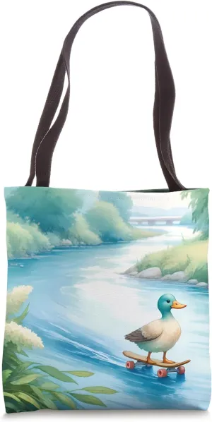 Duck Skateboarding Down Riverbank, Tranquil River. Humorous Tote Bag