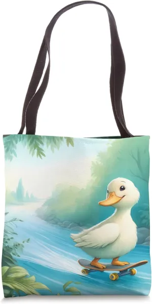 Duck Skateboarding Down Riverbank, Tranquil River. Humorous Tote Bag