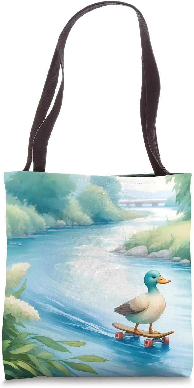 Duck Skateboarding Down Riverbank, Tranquil River. Humorous Tote Bag