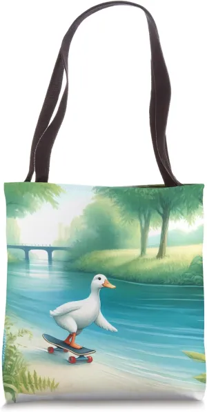 Duck Skateboarding Down Riverbank, Tranquil River. Humorous Tote Bag