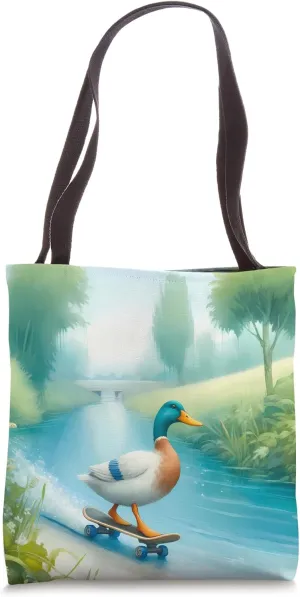 Duck Skateboarding Down Riverbank, Tranquil River. Humorous Tote Bag