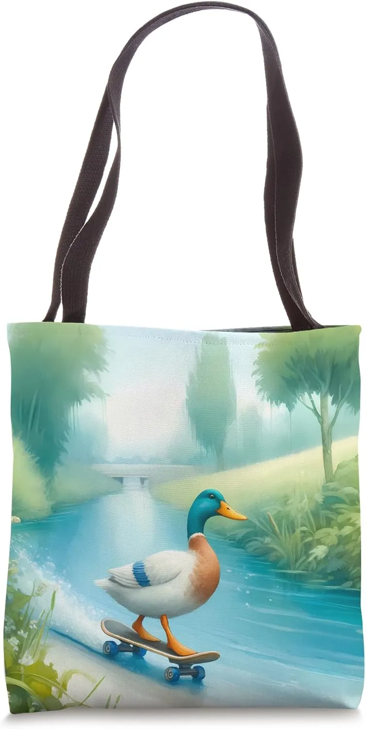 Duck Skateboarding Down Riverbank, Tranquil River. Humorous Tote Bag