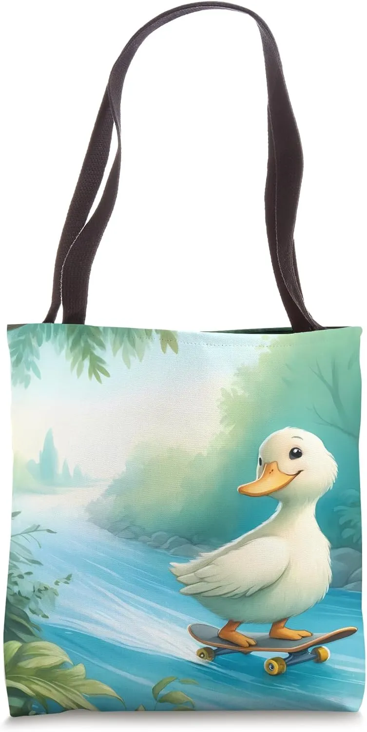 Duck Skateboarding Down Riverbank, Tranquil River. Humorous Tote Bag