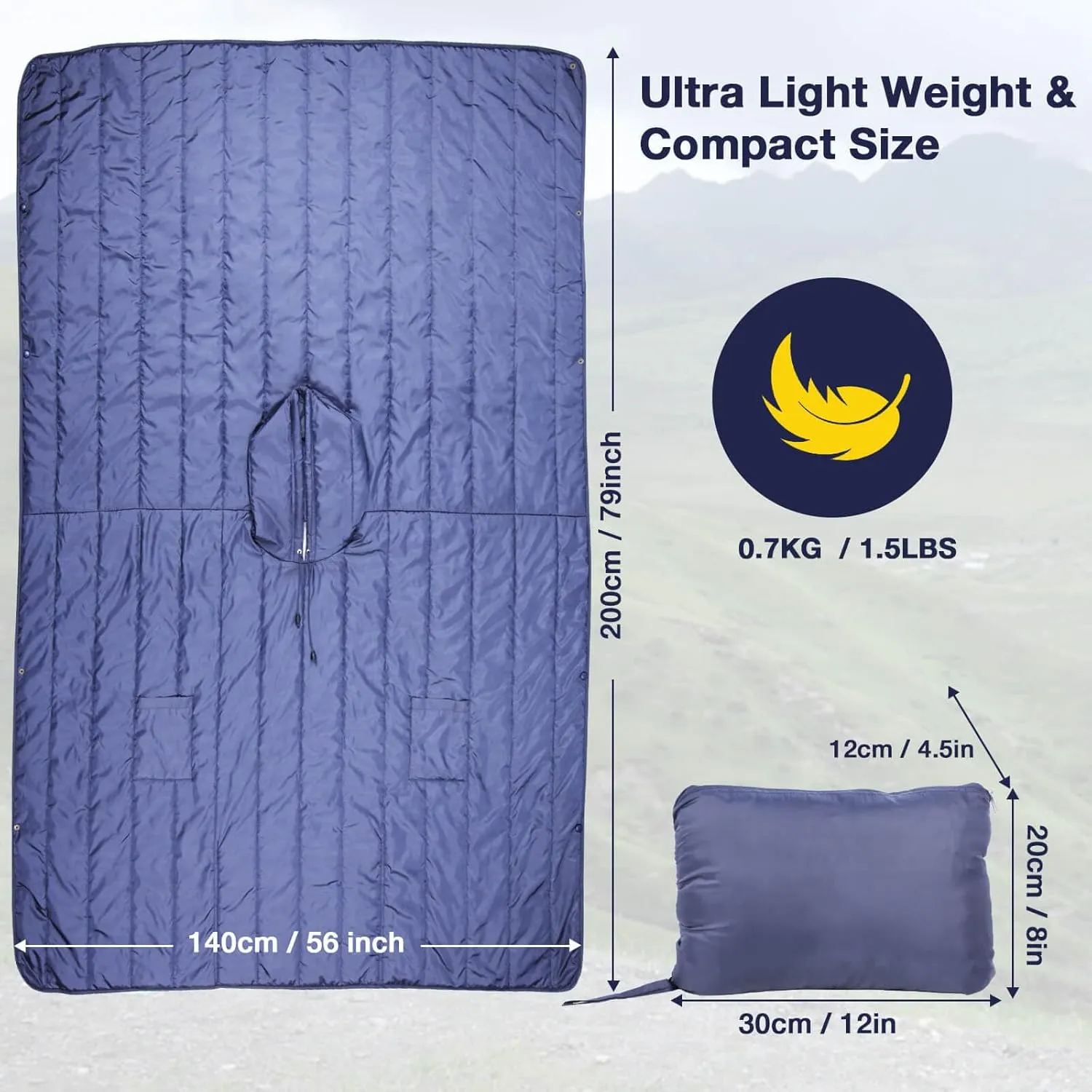DUKUSEEK Outdoor Wearable Camping Blanket with Hood, Large Packable Backpacking Hooded Stadium Blankets, Lightweight Warm Quilt for Picnic, Hiking, Football, 79"X56"