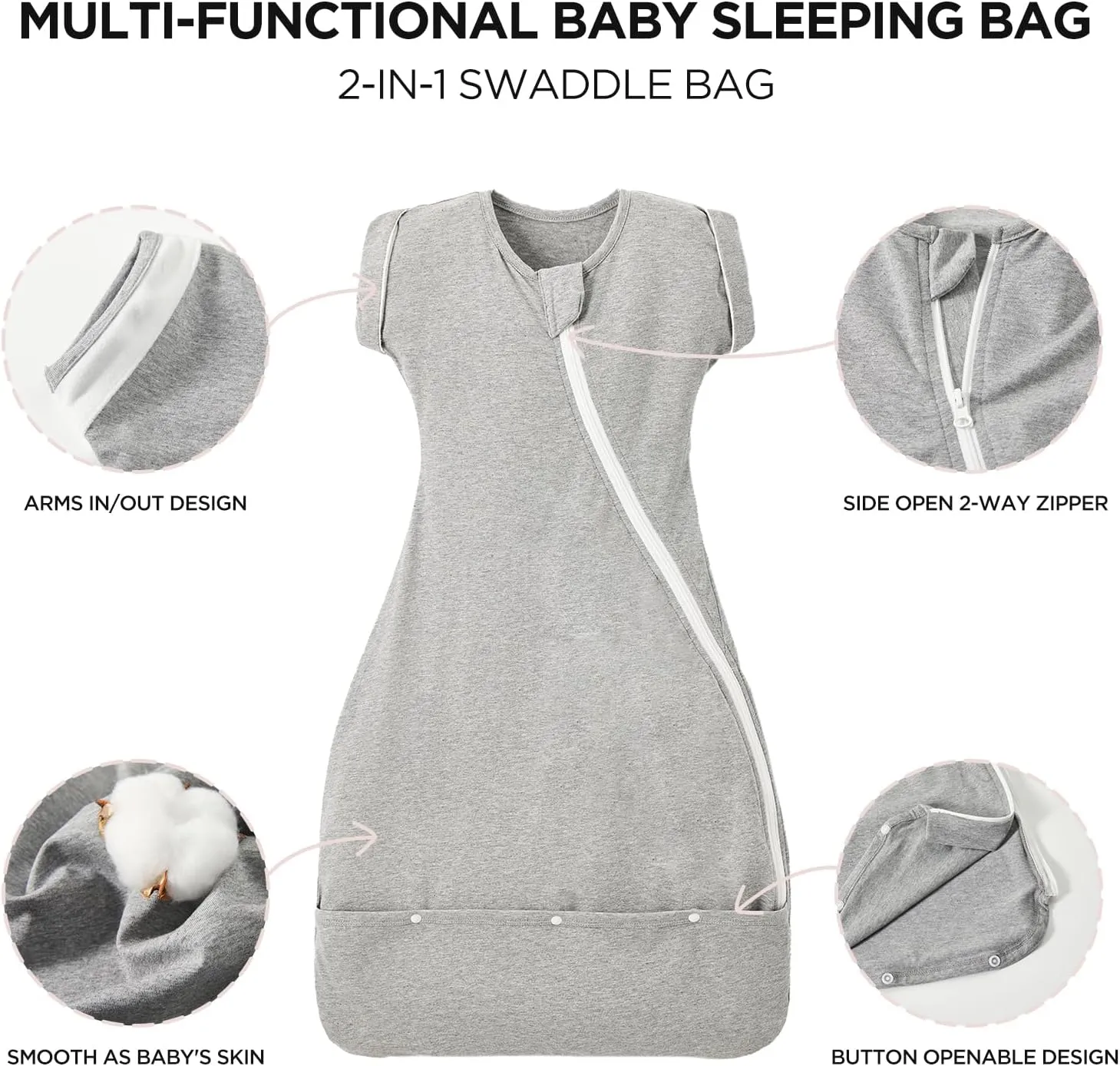 Duomiaomiao 2 Pack Baby Transition Swaddle Blanket, Snap Arms Up Baby Sleep Sack for All Seasons, 100% Cotton Baby Essentials for Newborn Boys Girls 0-6 Months, Gray & Dinosaurs