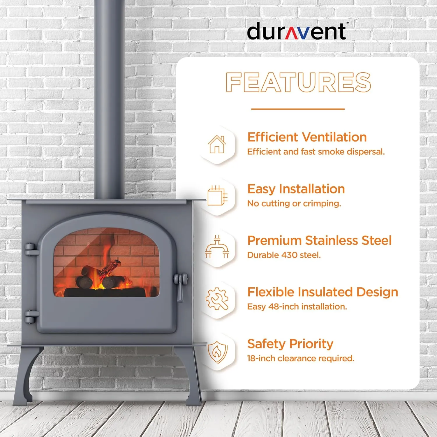 DuraVent DuraBlack 48 Inch x 6 Inch Stainless Steel Single Wall Wood Burning Stove Pipe Connector to Vent Smoke and Exhaust, Silver