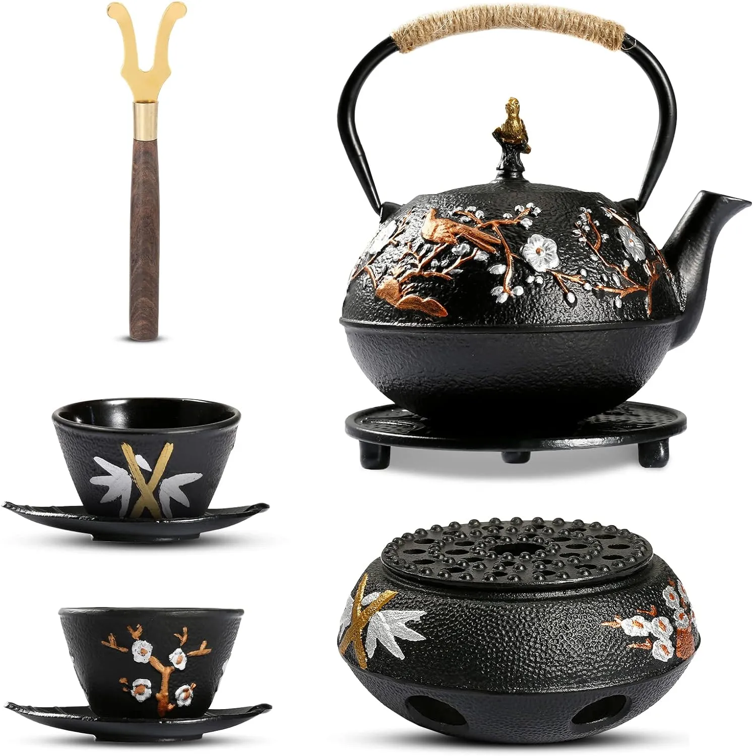 Dyna-Living Cast Iron Teapot with Warmer 720ml/24.5oz Japanese Teapot with Infuser Cast Iron Tea Pot Set with 2 Tea Cups Japanese Style Teapot for Stovetop Cast Iron Tea Kettle for Home Use