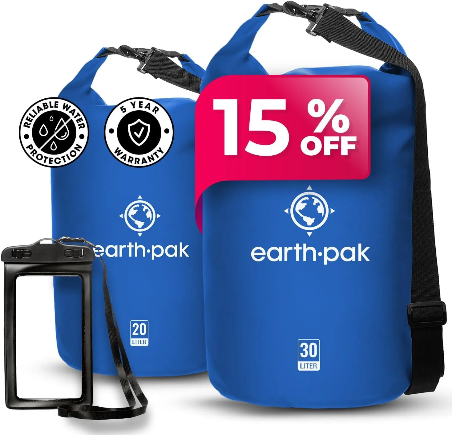 Earth Pak Waterproof Dry Bag - Roll Top Waterproof Backpack Sack (20L Blue & 30L Blue)