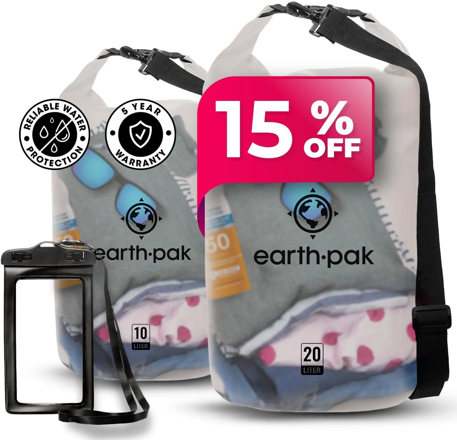 Earth Pak Waterproof Dry Bag - Roll Top Waterproof Backpack Sack (20L Clear & 10L Clear)
