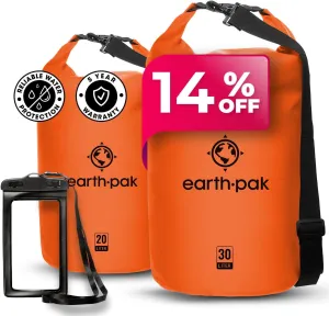 Earth Pak Waterproof Dry Bag - Roll Top Waterproof Backpack Sack (20L Orange & 30L Orange)