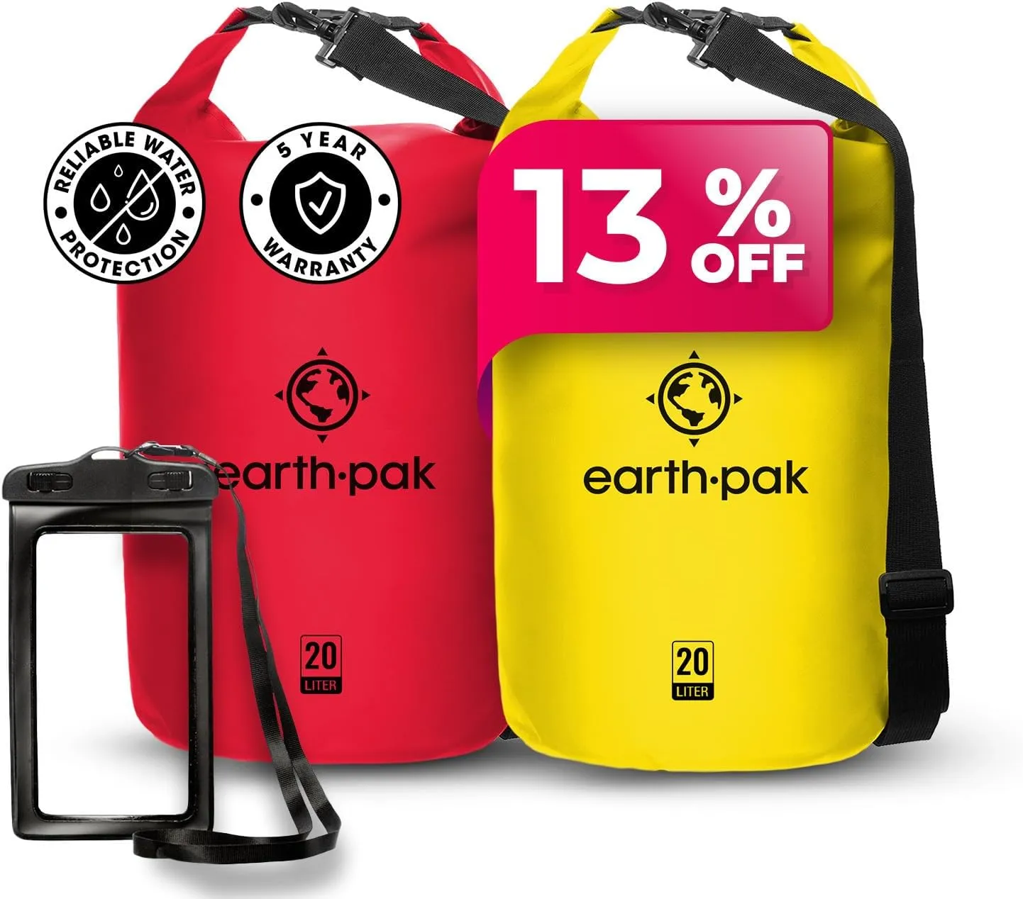 Earth Pak Waterproof Dry Bag - Roll Top Waterproof Backpack Sack (20L Red & 20L Yellow)