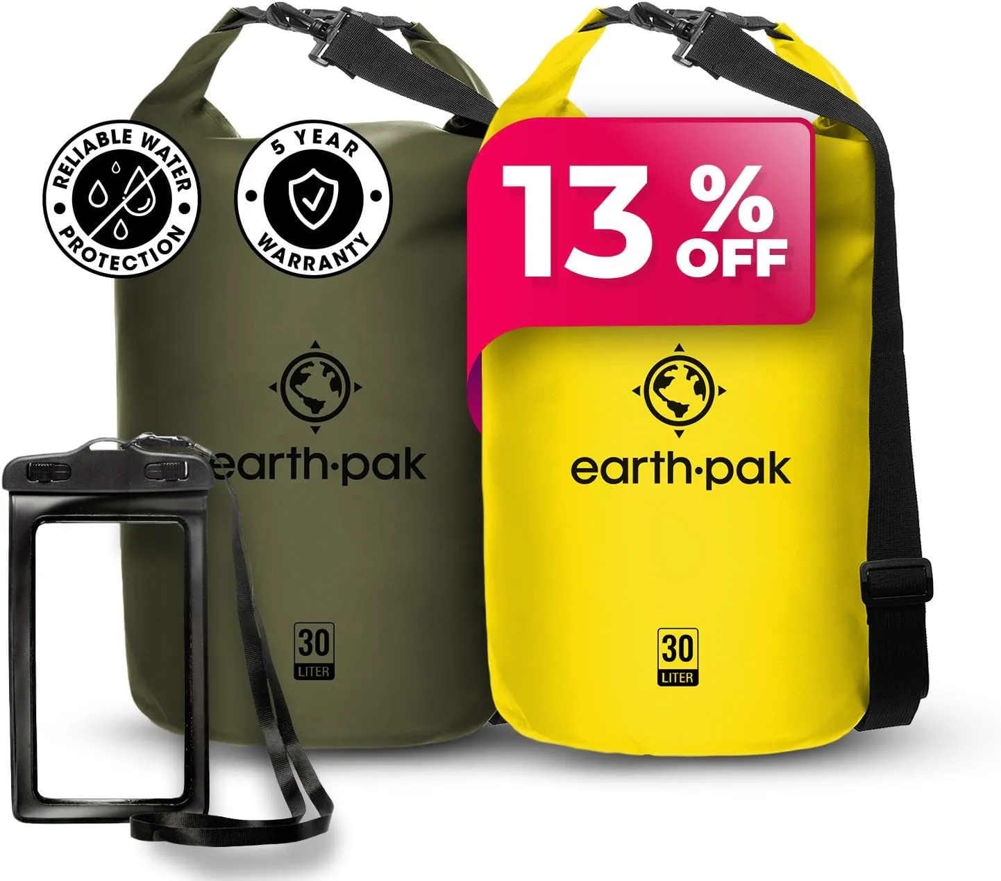 Earth Pak Waterproof Dry Bag - Roll Top Waterproof Backpack Sack (30L Green & 30L Yellow)