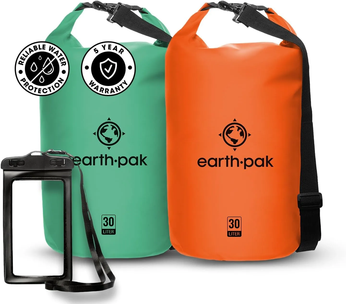 Earth Pak Waterproof Dry Bag - Roll Top Waterproof Backpack Sack (30L Seafoam Green & 30L Orange)