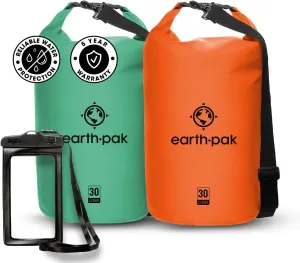 Earth Pak Waterproof Dry Bag - Roll Top Waterproof Backpack Sack (30L Seafoam Green & 30L Orange)