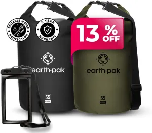 Earth Pak Waterproof Dry Bag - Roll Top Waterproof Backpack Sack (Black 55L & Forest Green 55L)