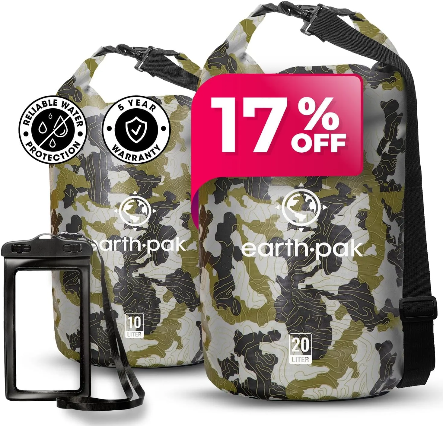 Earth Pak Waterproof Dry Bag - Roll Top Waterproof Backpack Sack (Camo 10L & 20L)