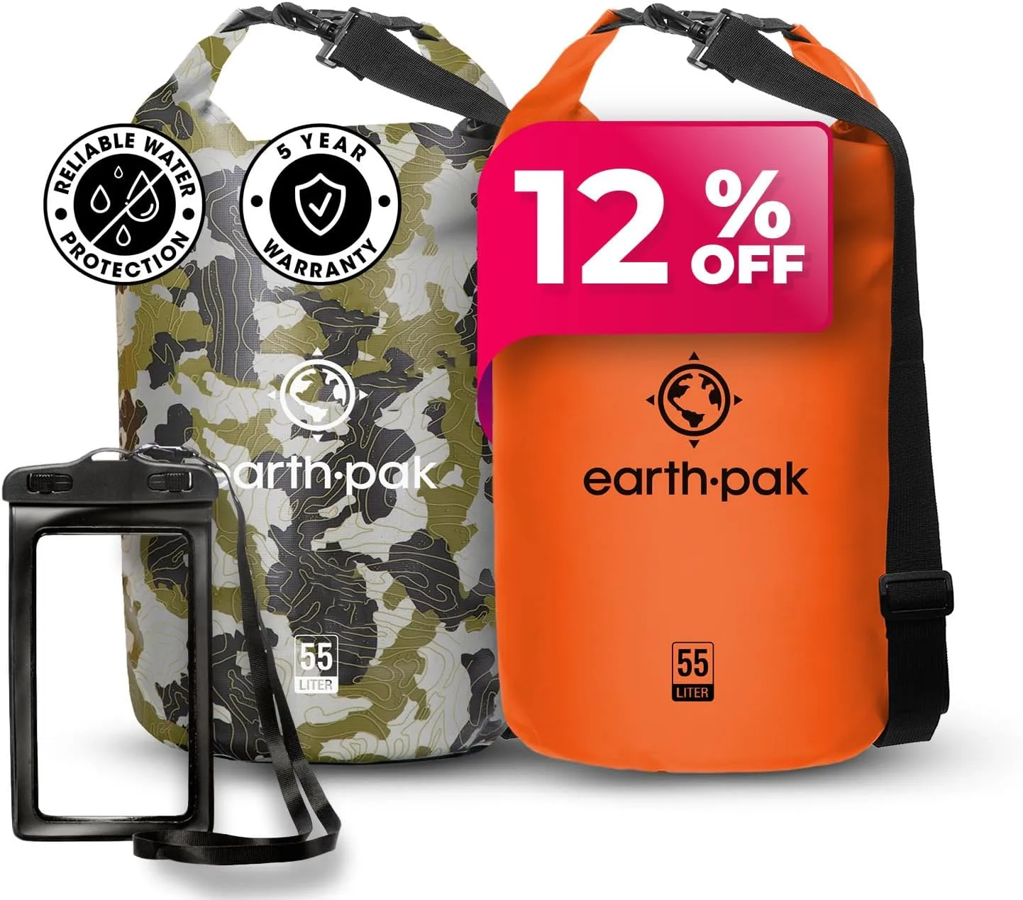 Earth Pak Waterproof Dry Bag - Roll Top Waterproof Backpack Sack (Camo 55L & Orange 55L)