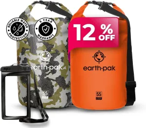 Earth Pak Waterproof Dry Bag - Roll Top Waterproof Backpack Sack (Camo 55L & Orange 55L)