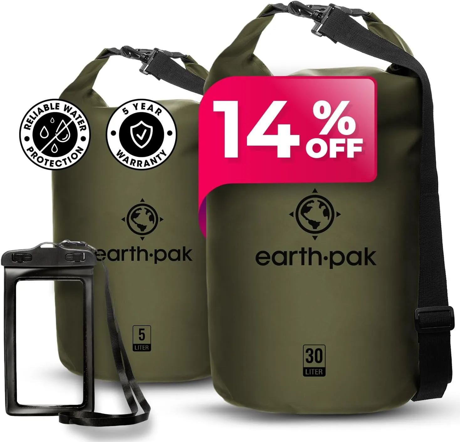Earth Pak Waterproof Dry Bag - Roll Top Waterproof Backpack Sack (Forest Green 30L & 5L)