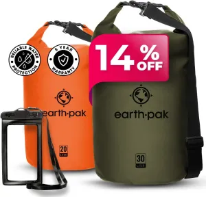 Earth Pak Waterproof Dry Bag - Roll Top Waterproof Backpack Sack (Forest Green 30L & Orange 20L)