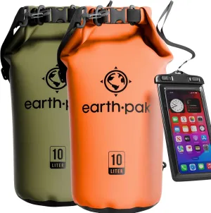 Earth Pak Waterproof Dry Bag - Roll Top Waterproof Backpack Sack Keeps Gear Dry for Kayaking & Fishing with Phone Case (Orange 10L & Green 10L)