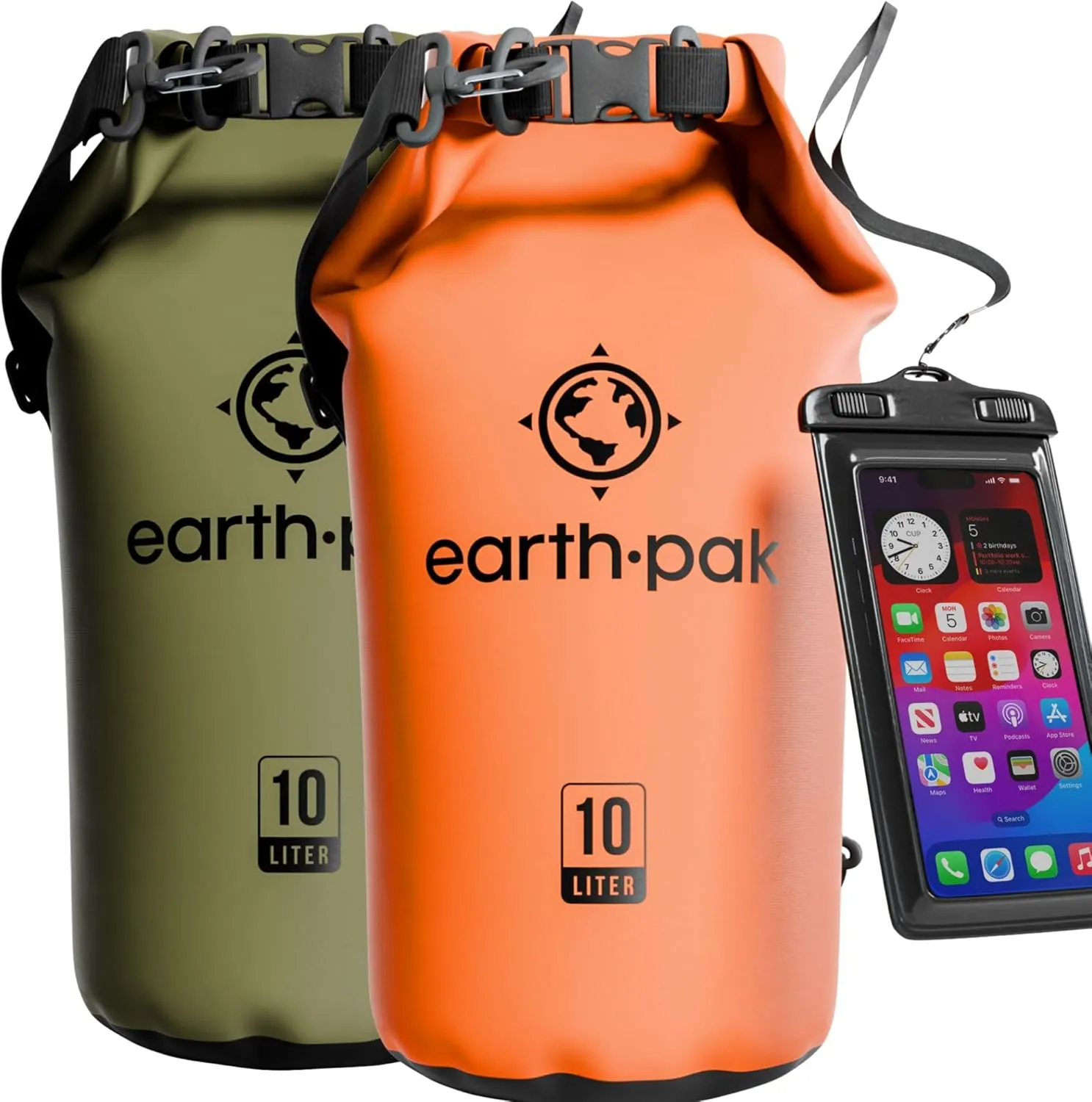 Earth Pak Waterproof Dry Bag - Roll Top Waterproof Backpack Sack Keeps Gear Dry for Kayaking & Fishing with Phone Case (Orange 10L & Green 10L)