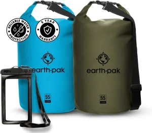 Earth Pak Waterproof Dry Bag - Roll Top Waterproof Backpack Sack (Light Blue 55L & Forest Green 55L)